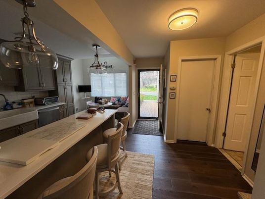 Chandelier, Interior, Kitchen, Pendant Lights, Wood Texture Flooring
