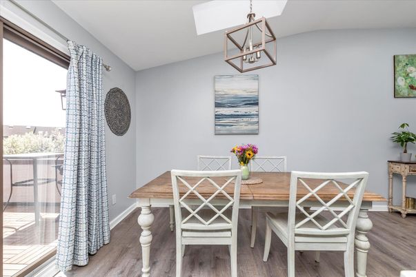 Dining room, Interior, Pendant Lights, Wood Texture Flooring