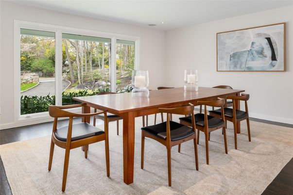 Dining room, Interior, Recessed Lighting, Wood Texture Flooring