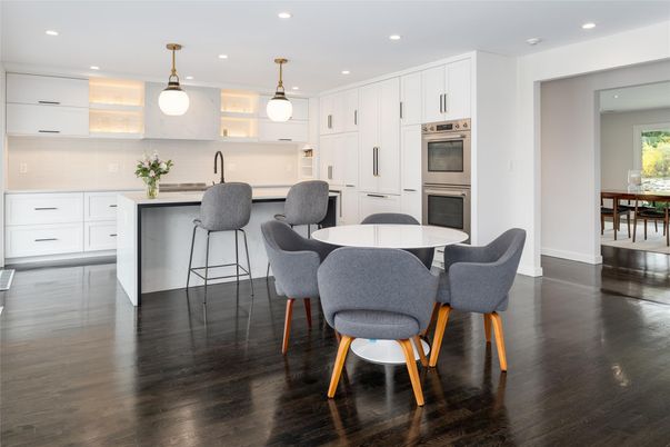 Dining room, Interior, Kitchen, Pendant Lights, Recessed Lighting, Stainless Steel Appliances, Wood Texture Flooring