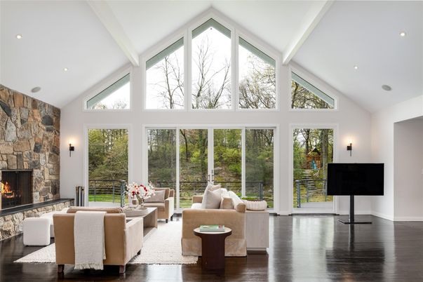 Fireplace, Interior, Living room, Recessed Lighting, Stone Walls, Wood Texture Flooring