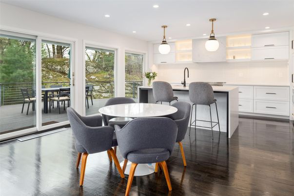 Dining room, Interior, Kitchen, Pendant Lights, Recessed Lighting, Wood Texture Flooring
