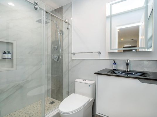 Bathroom, Glass Shower, Interior, Marble Walls, Recessed Lighting