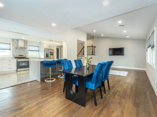 Dining room, Interior, Kitchen, Recessed Lighting, Stainless Steel Appliances, Wood Texture Flooring