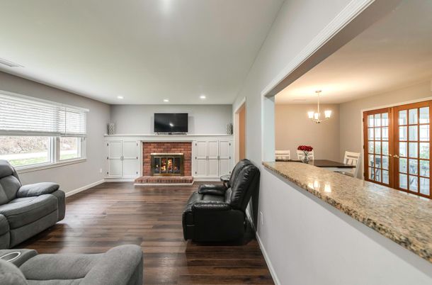 Chandelier, Fireplace, Interior, Recessed Lighting, Wood Texture Flooring