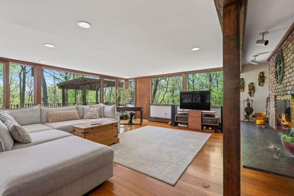 Fireplace, Interior, Living room, Recessed Lighting, Wood Texture Flooring