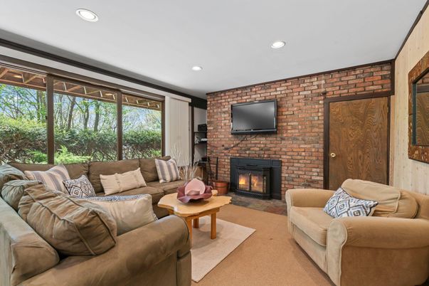 Fireplace, Interior, Living room, Recessed Lighting, Stone Walls