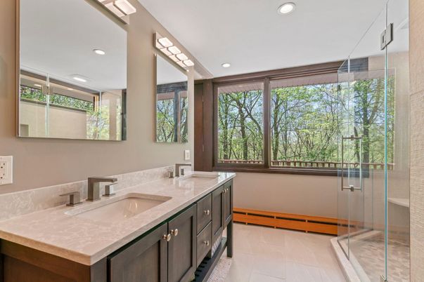 Bathroom, Dual Sink Vanities, Glass Shower, Interior, Recessed Lighting