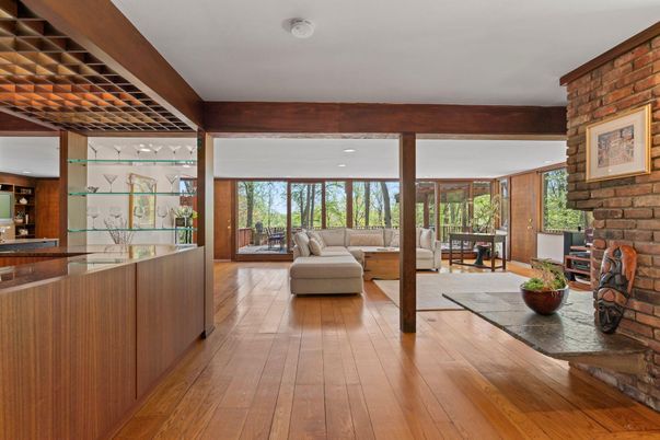Interior, Living room, Recessed Lighting, Stone Walls, Wooden Beams, Wood Texture Flooring