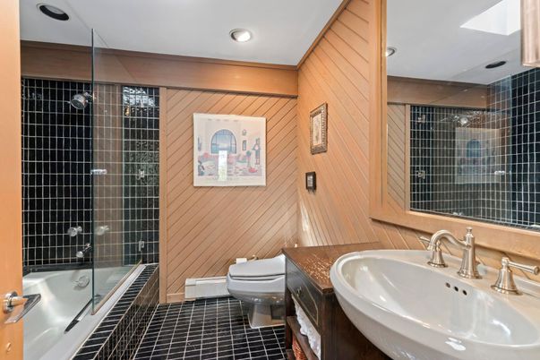 Bathroom, Glass Shower, Interior, Recessed Lighting, Wooden Walls