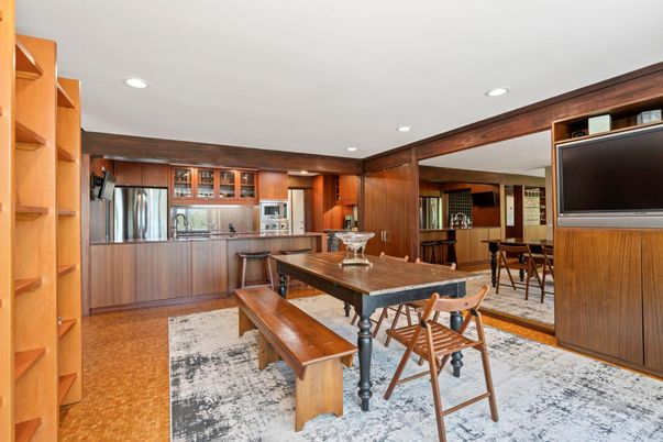 Dining room, Interior, Kitchen, Recessed Lighting, Stainless Steel Appliances, Wood Texture Flooring