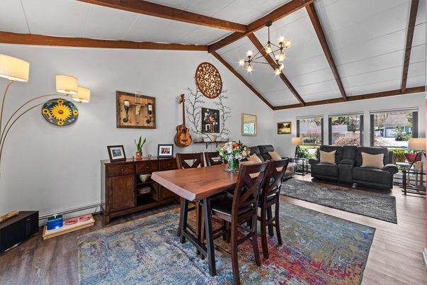 Home Office, Interior, Living room, Pendant Lights, Wooden Beams, Wood Texture Flooring
