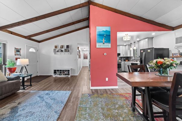 Dining room, Interior, Kitchen, Pendant Lights, Recessed Lighting, Stainless Steel Appliances, Wooden Beams, Wood Texture Flooring