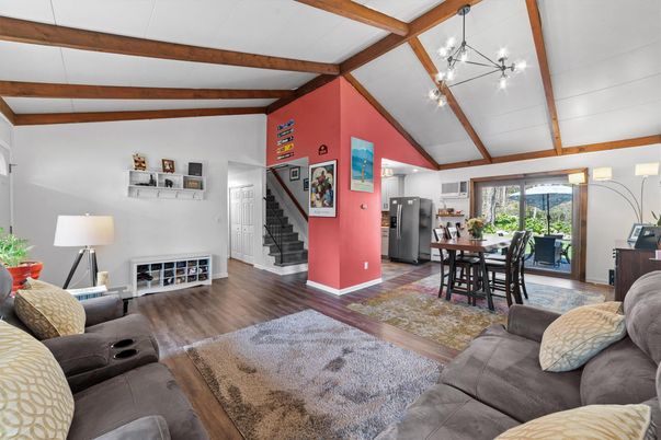 Dining room, Interior, Living room, Pendant Lights, Wooden Beams, Wood Texture Flooring