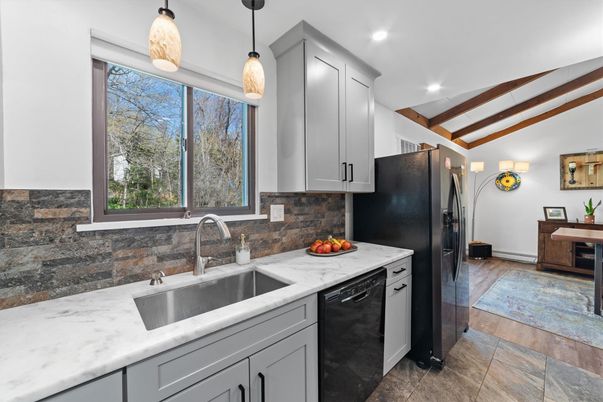 Interior, Kitchen, Pendant Lights, Recessed Lighting, Stainless Steel Appliances, Wooden Beams