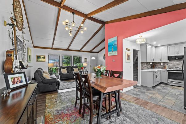Dining room, Interior, Kitchen, Living room, Pendant Lights, Stainless Steel Appliances, Wooden Beams, Wood Texture Flooring