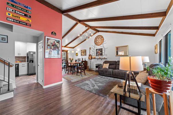 Dining room, Interior, Kitchen, Living room, Wooden Beams, Wood Texture Flooring