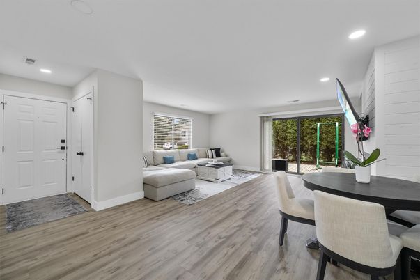 Dining room, Interior, Living room, Recessed Lighting, Wood Texture Flooring