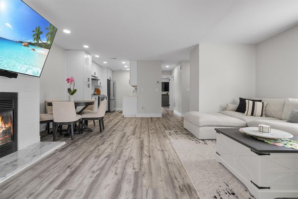 Dining room, Fireplace, Interior, Kitchen, Living room, Recessed Lighting, Wood Texture Flooring