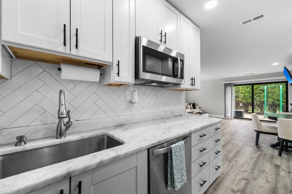 Dining room, Interior, Kitchen, Recessed Lighting, Stainless Steel Appliances, Wood Texture Flooring
