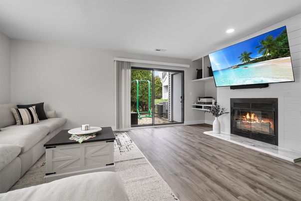 Fireplace, Interior, Living room, Recessed Lighting, Wood Texture Flooring