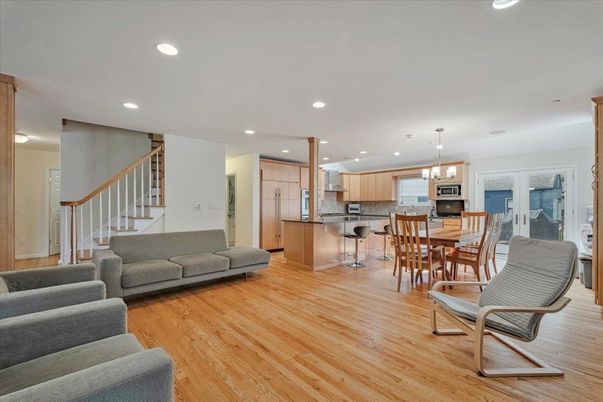 Dining room, Interior, Kitchen, Living room, Pendant Lights, Recessed Lighting, Stainless Steel Appliances, Wood Texture Flooring