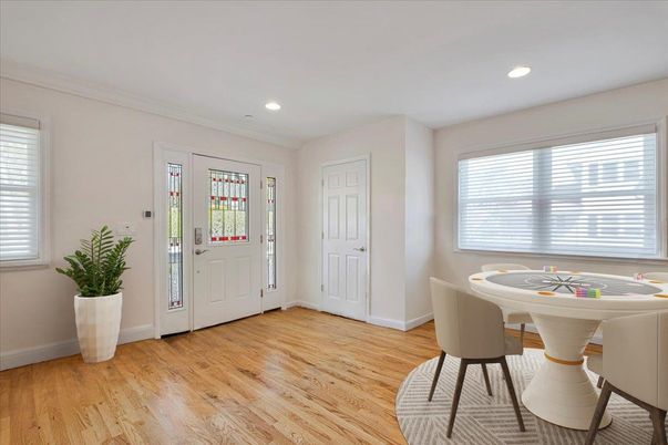 Dining room, Interior, Recessed Lighting, Wood Texture Flooring