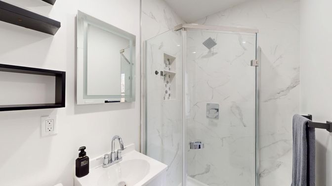 Bathroom, Glass Shower, Interior, Marble Walls
