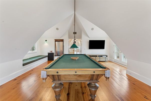 Billiard Table, Game Room, Interior, Pendant Lights, Wood Texture Flooring