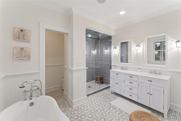 Bathroom, Dual Sink Vanities, Glass Shower, Interior, Recessed Lighting