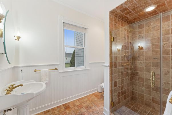 Bathroom, Glass Shower, Interior, Recessed Lighting, Stone Walls