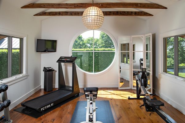 Fitness Equipment, Interior, Pendant Lights, Wooden Beams, Wood Texture Flooring