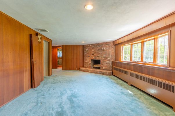 Empty room, Fireplace, Interior, Recessed Lighting, Stone Walls, Wooden Walls