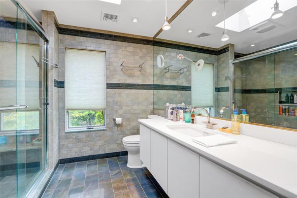 Bathroom, Glass Shower, Interior, Pendant Lights, Recessed Lighting, Stone Walls