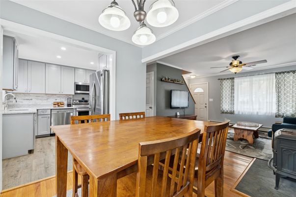 Dining room, Interior, Kitchen, Recessed Lighting, Stainless Steel Appliances, Wood Texture Flooring