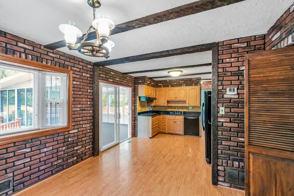 Interior, Kitchen, Pendant Lights, Stone Walls, Wood Texture Flooring
