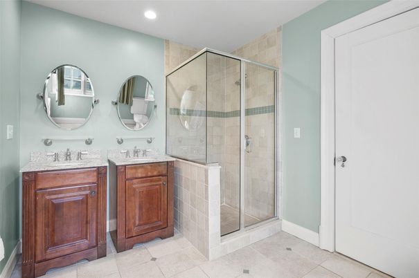 Bathroom, Dual Sink Vanities, Glass Shower, Interior, Recessed Lighting