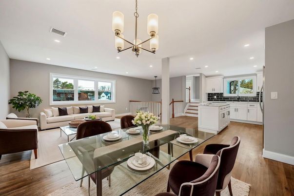 Chandelier, Dining room, Interior, Kitchen, Living room, Recessed Lighting, Wood Texture Flooring