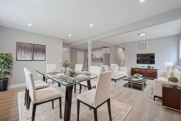 Dining room, Interior, Living room, Recessed Lighting, Wood Texture Flooring