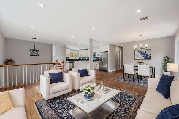 Dining room, Interior, Kitchen, Living room, Pendant Lights, Recessed Lighting, Stainless Steel Appliances, Wood Texture Flooring