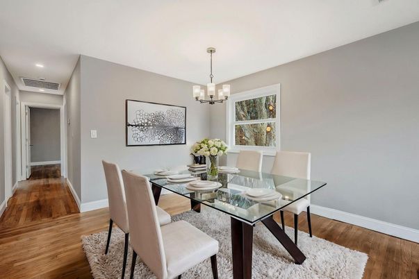 Dining room, Interior, Pendant Lights, Recessed Lighting, Wood Texture Flooring