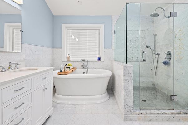 Bathroom, Dual Sink Vanities, Free Standing Baths, Glass Shower, Interior, Marble, Marble Walls