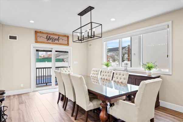 Dining room, Interior, Pendant Lights, Recessed Lighting, Wood Texture Flooring