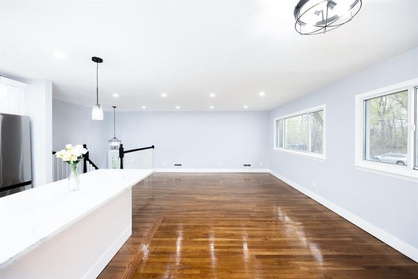 Empty room, Interior, Kitchen, Pendant Lights, Recessed Lighting, Wood Texture Flooring