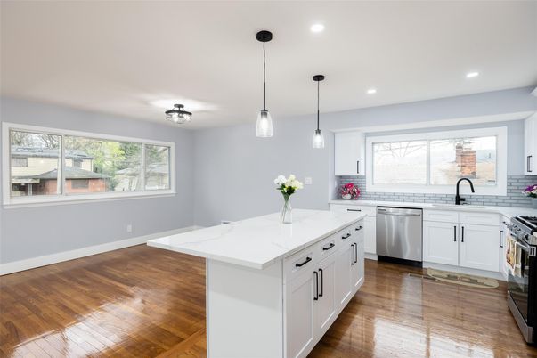 Interior, Kitchen, Pendant Lights, Recessed Lighting, Stainless Steel Appliances, Wood Texture Flooring