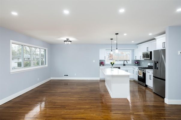 Interior, Kitchen, Pendant Lights, Recessed Lighting, Stainless Steel Appliances, Wood Texture Flooring