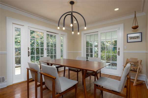 Dining room, Interior, Pendant Lights, Recessed Lighting, Wood Texture Flooring
