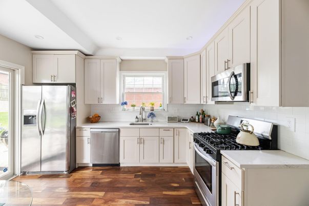 Interior, Kitchen, Recessed Lighting, Stainless Steel Appliances, Wood Texture Flooring