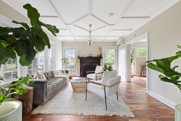 Fireplace, Interior, Living room, Pendant Lights, Wood Texture Flooring