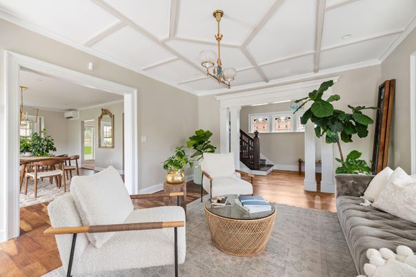 Dining room, Fireplace, Interior, Living room, Pendant Lights, Wood Texture Flooring